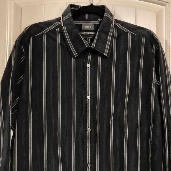 MEXX Black grey white vertical striped button-down shirt ~ Vintage LARGE XL 1X - Picture 2 of 9